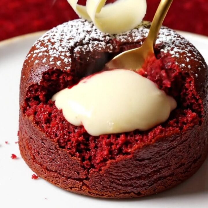 A close-up of a red velvet molten lava cake with a cream cheese center flowing out on a white plate.