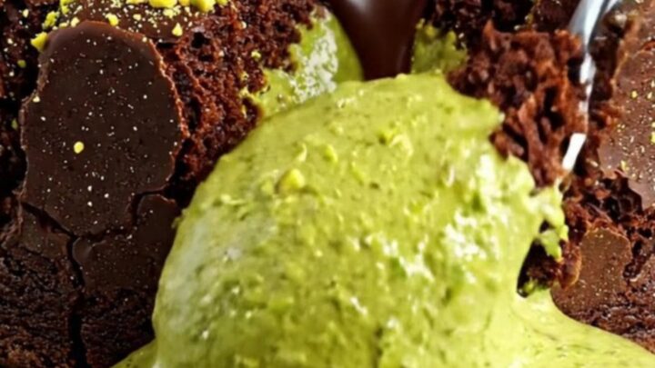 Dark chocolate lava cake sliced open with bright green pistachio ganache flowing out.