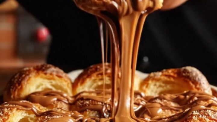 A golden-brown churro brioche bread pudding in a rustic dish with molten chocolate and caramel oozing out.