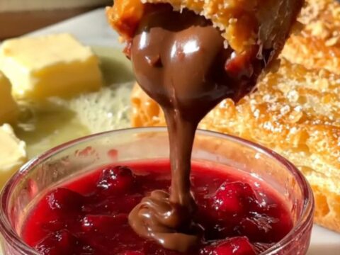 A close-up shot of a golden-brown Nutella-stuffed French toast stick being pulled apart to reveal a molten center.