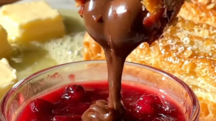 A close-up shot of a golden-brown Nutella-stuffed French toast stick being pulled apart to reveal a molten center.