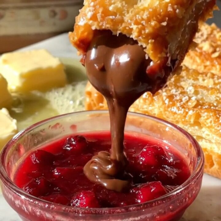A close-up shot of a golden-brown Nutella-stuffed French toast stick being pulled apart to reveal a molten center.