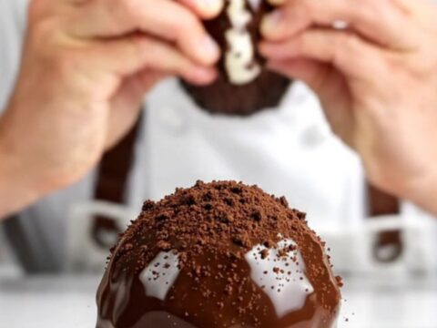 A close-up view of a dark chocolate-covered Oreo truffle broken in half, showing the creamy black and white interior.
