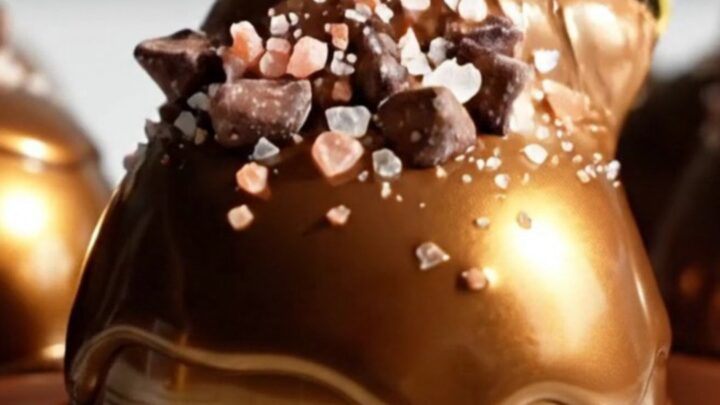 A close-up shot of a gold spoon scooping into a glossy, dark chocolate mousse dome.