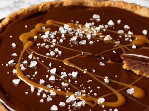 A close-up view of a no-bake dark chocolate ganache tart with a Biscoff crust, garnished with sea salt and caramel.