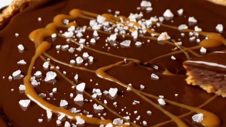 A close-up view of a no-bake dark chocolate ganache tart with a Biscoff crust, garnished with sea salt and caramel.