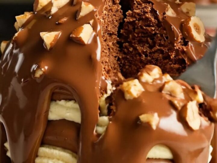 A giant dome cake with a glossy hazelnut-studded chocolate shell sitting on a clean studio background.