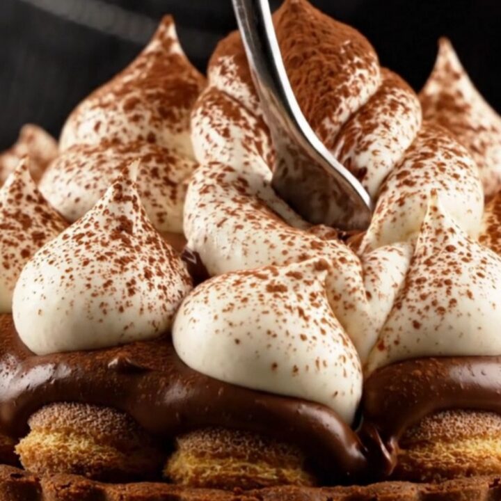 A close-up of a slice of tiramisu tart showing distinct layers of chocolate crust, ladyfingers, ganache, and mascarpone.