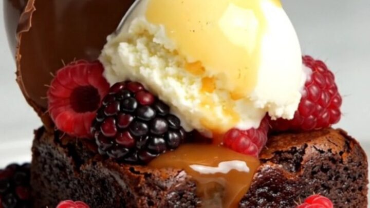A glossy chocolate dome sitting on a white plate with a brownie, gelato, and berries.