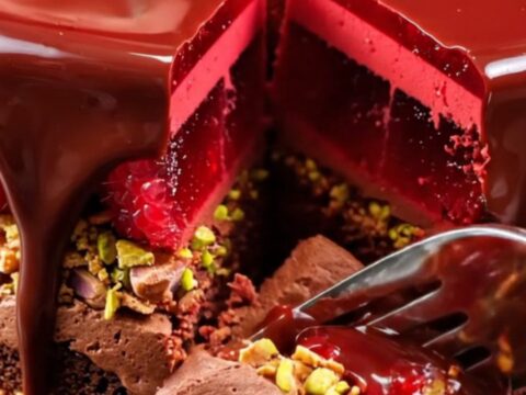 A glossy dark chocolate mirror glaze entremet with visible raspberry and pistachio layers.