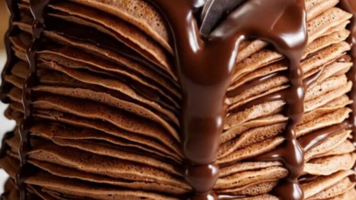 A towering twenty-layer chocolate crepe cake with visible hazelnut cream layers and a glossy dark chocolate ganache glaze.