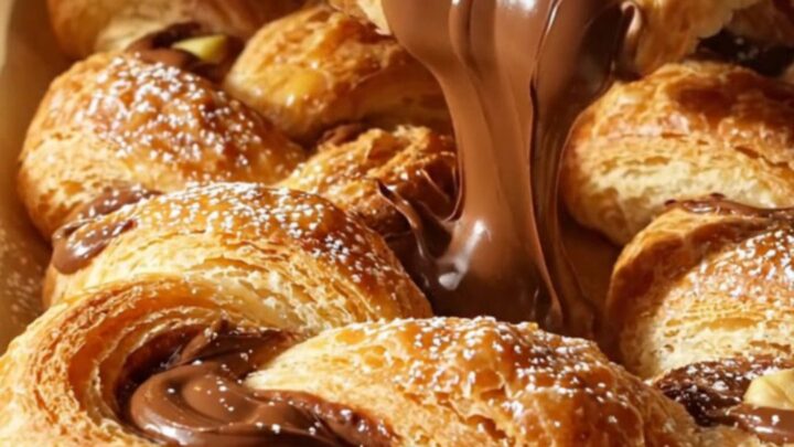 Extreme close-up of a golden, flaky puff pastry twist being pulled apart, revealing molten Nutella and crunchy hazelnuts.
