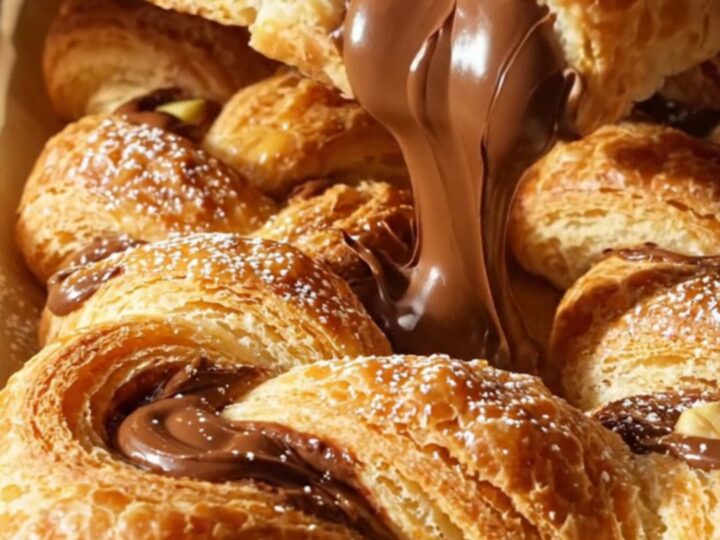 Extreme close-up of a golden, flaky puff pastry twist being pulled apart, revealing molten Nutella and crunchy hazelnuts.