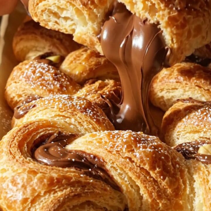 Extreme close-up of a golden, flaky puff pastry twist being pulled apart, revealing molten Nutella and crunchy hazelnuts.