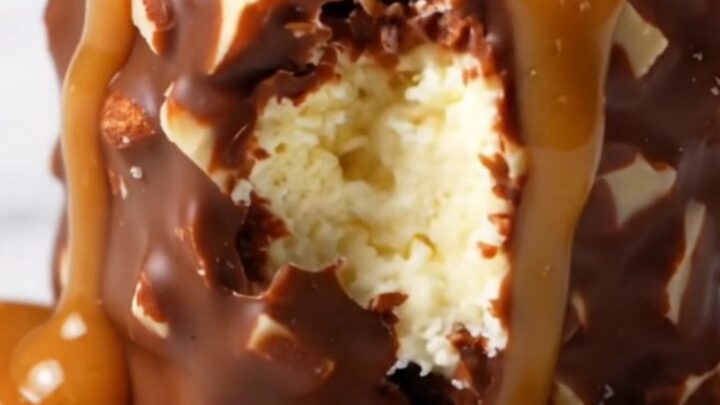 Extreme close-up of a frozen cheesecake bite on a stick with a snappy, glossy dark chocolate shell and almond pieces.