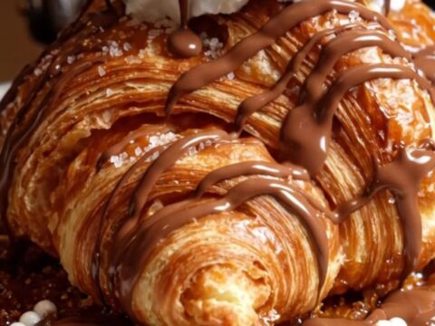 A close-up of a golden caramelized croffle being drizzled with warm, glossy Belgian milk chocolate.