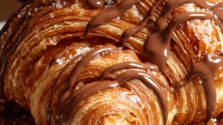 A close-up of a golden caramelized croffle being drizzled with warm, glossy Belgian milk chocolate.