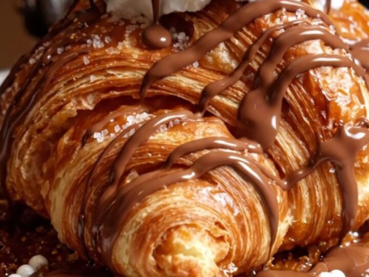 A close-up of a golden caramelized croffle being drizzled with warm, glossy Belgian milk chocolate.