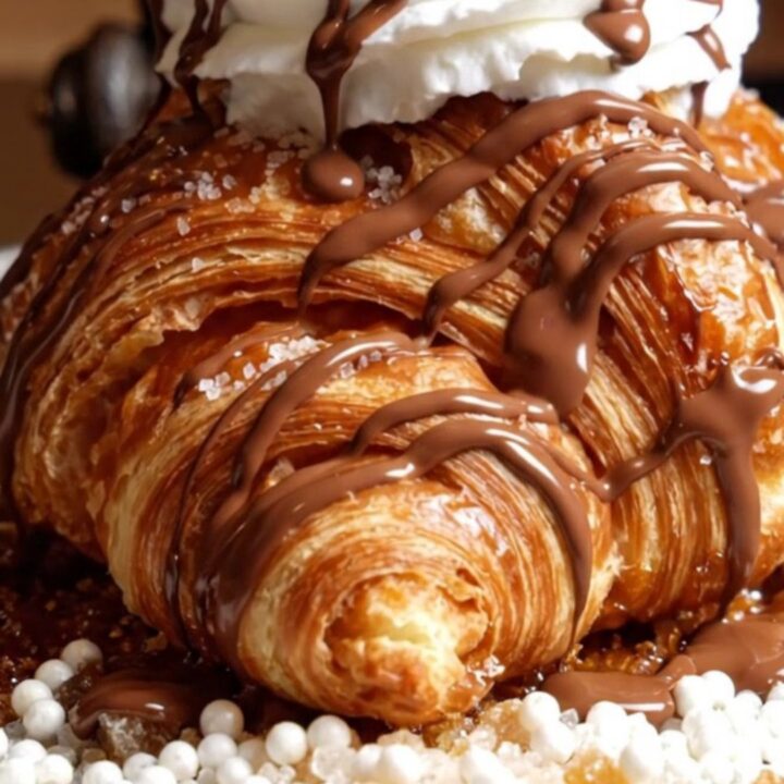 A close-up of a golden caramelized croffle being drizzled with warm, glossy Belgian milk chocolate.