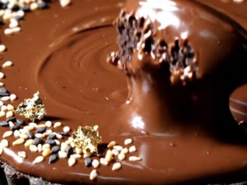 Extreme close-up of a slice being cut from a black sesame tart with a visible dark chocolate ganache layer.