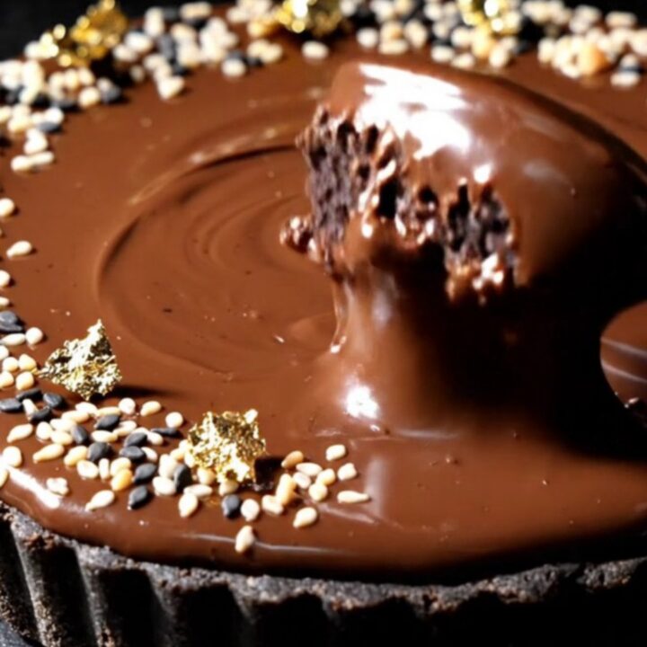 Extreme close-up of a slice being cut from a black sesame tart with a visible dark chocolate ganache layer.