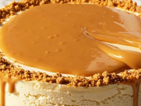 A slice of no-bake Biscoff cheesecake showing a crumbly cookie crust and smooth filling.
