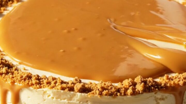 A slice of no-bake Biscoff cheesecake showing a crumbly cookie crust and smooth filling.