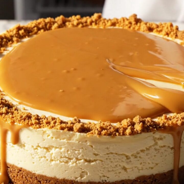 A slice of no-bake Biscoff cheesecake showing a crumbly cookie crust and smooth filling.