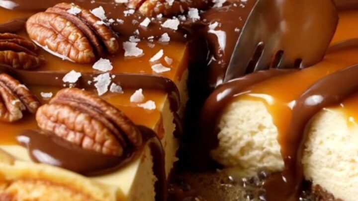 A slice of decadent turtle cheesecake with flowing salted caramel and toasted pecans.