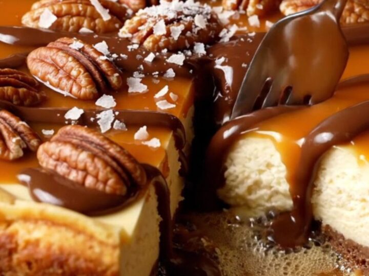 A slice of decadent turtle cheesecake with flowing salted caramel and toasted pecans.