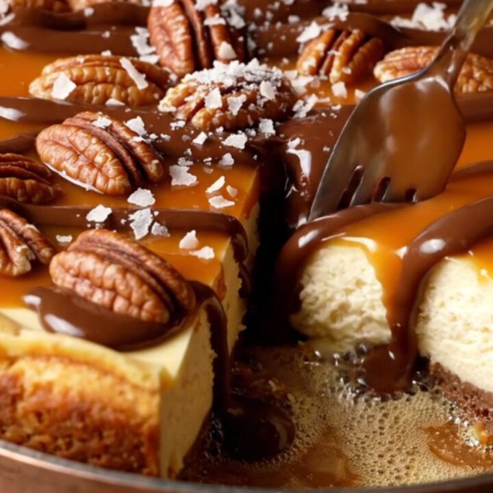 A slice of decadent turtle cheesecake with flowing salted caramel and toasted pecans.