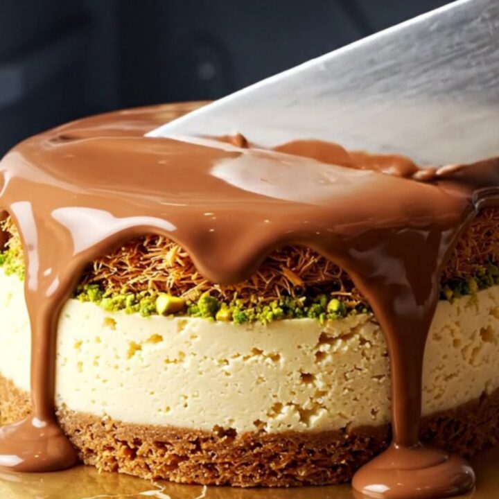 A close-up shot of a Dubai pistachio kunafa cheesecake bar with a visible crunchy pistachio layer.
