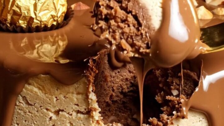 A close-up of a Nutella cheesecake topped with Ferrero Rocher truffles and toasted hazelnuts.