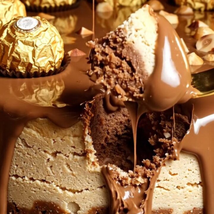 A close-up of a Nutella cheesecake topped with Ferrero Rocher truffles and toasted hazelnuts.