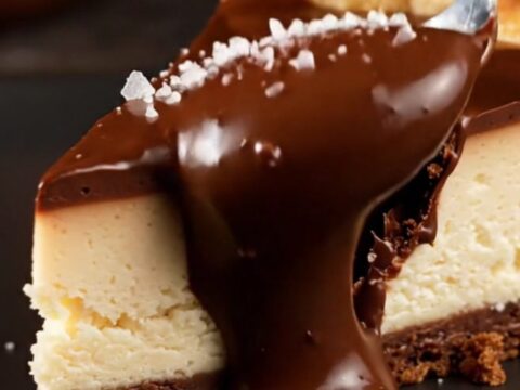 A slice of Basque cheesecake with a molten dark chocolate core and charred top.