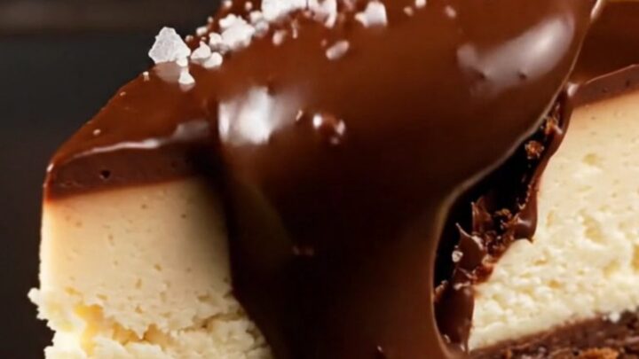 A slice of Basque cheesecake with a molten dark chocolate core and charred top.