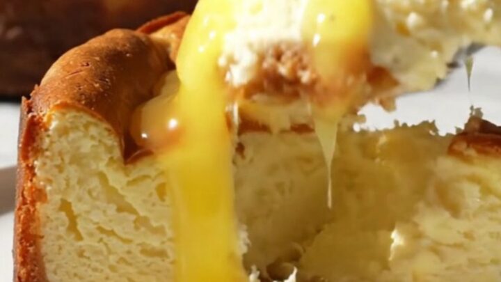 A close-up shot of a slice of Meyer lemon Basque cheesecake with a molten center and a burnt top.