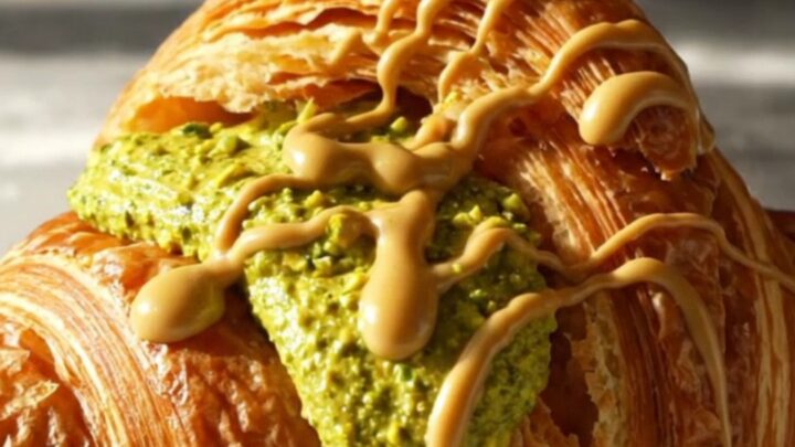 A close-up of a golden, circular Suprême croissant with vibrant green pistachio cream bursting from the center.