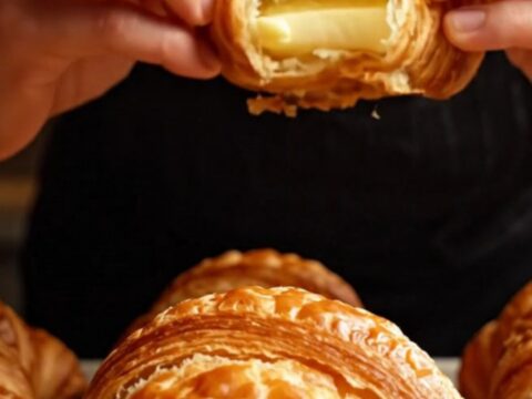 A golden, flaky butter croissant sliced in half, revealing an intricate and airy honeycomb interior structure.