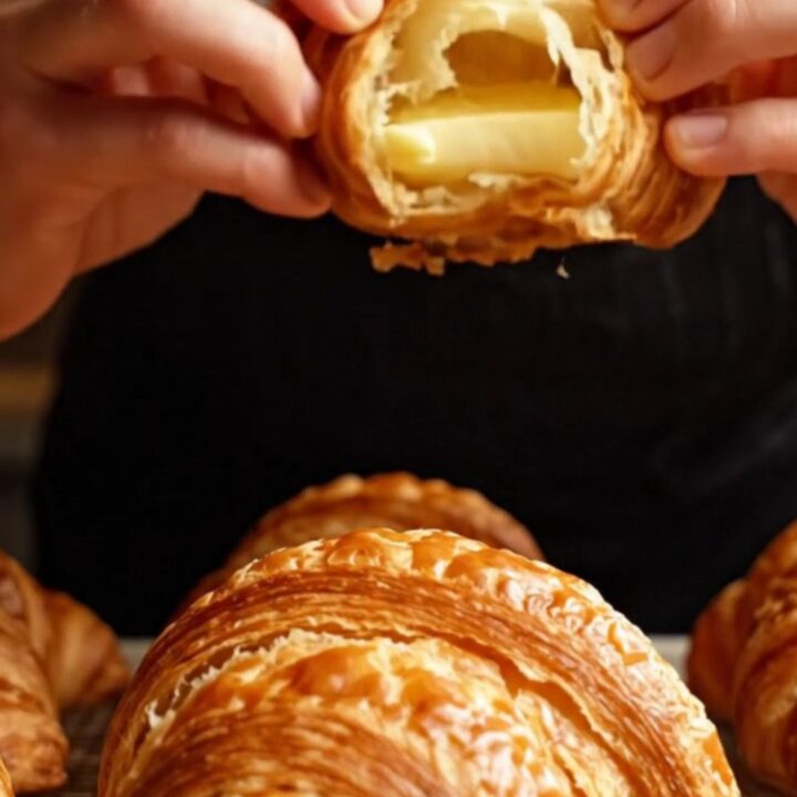 A golden, flaky butter croissant sliced in half, revealing an intricate and airy honeycomb interior structure.