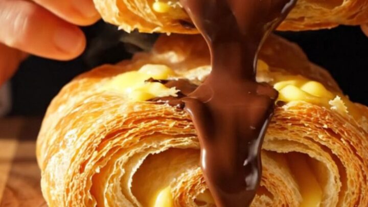 A close-up of a freshly baked pain au chocolat being pulled apart to reveal molten dark chocolate.