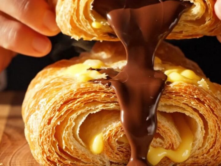 A close-up of a freshly baked pain au chocolat being pulled apart to reveal molten dark chocolate.