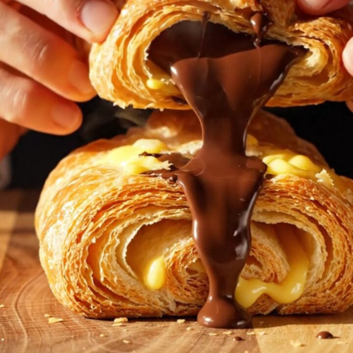 A close-up of a freshly baked pain au chocolat being pulled apart to reveal molten dark chocolate.