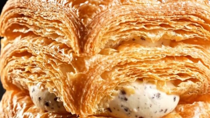 A perfectly square, golden-brown cube croissant dusted with powdered sugar, sitting on a minimalist white plate.