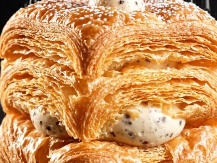 A perfectly square, golden-brown cube croissant dusted with powdered sugar, sitting on a minimalist white plate.