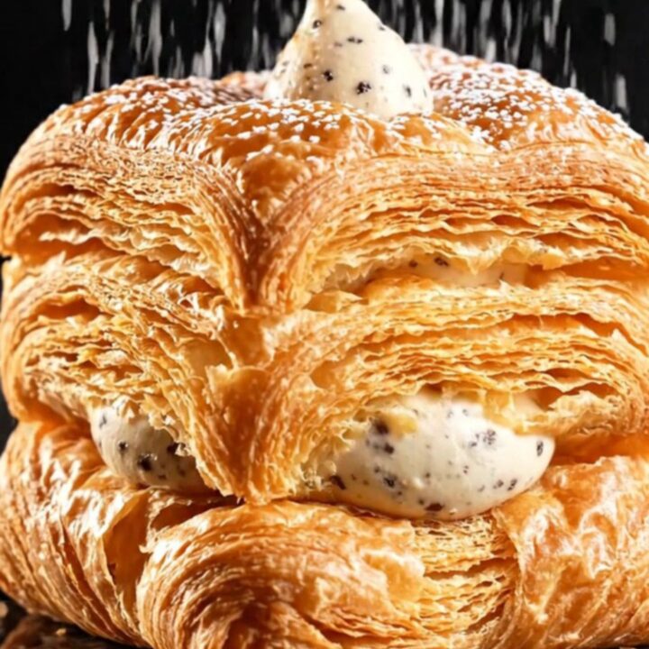A perfectly square, golden-brown cube croissant dusted with powdered sugar, sitting on a minimalist white plate.