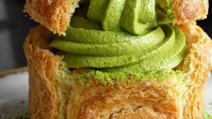 A towering matcha cruffin showing flaky spiral layers and a rich green matcha ganache filling.