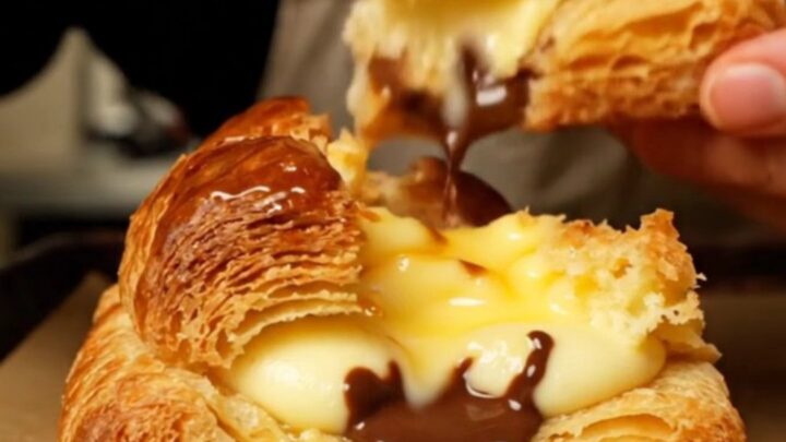 A close-up of a golden, crispy Pain Suisse showing layers of pastry, vanilla cream, and dark chocolate.