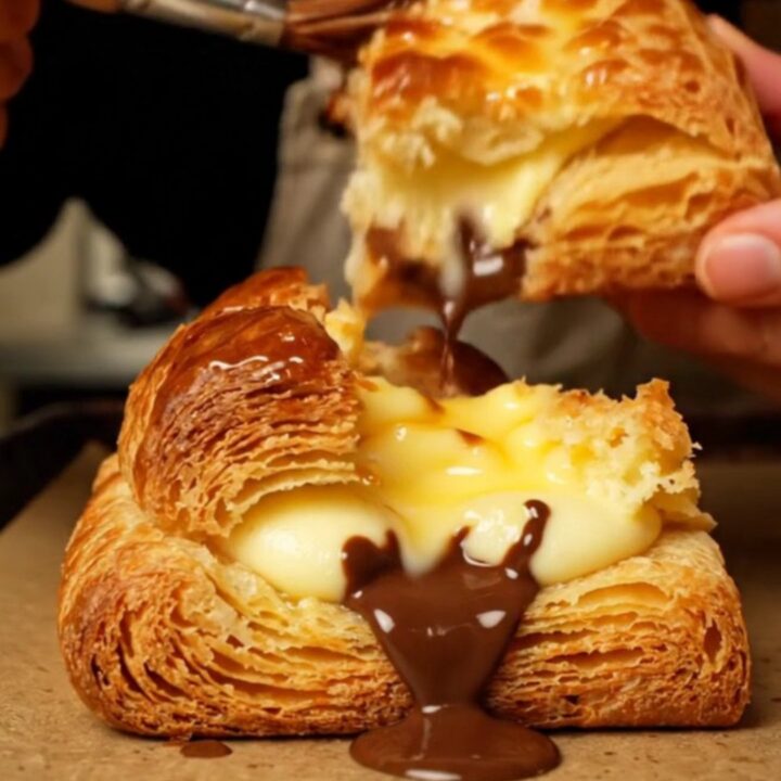A close-up of a golden, crispy Pain Suisse showing layers of pastry, vanilla cream, and dark chocolate.