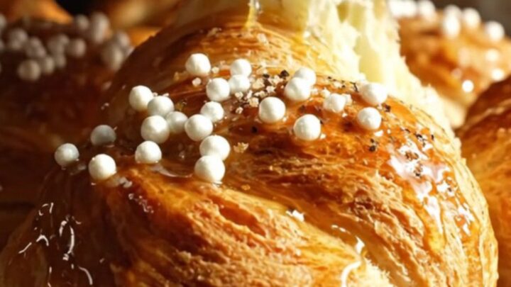 A close-up shot of a golden-brown Swedish cardamom bun with pearl sugar on a wooden table.